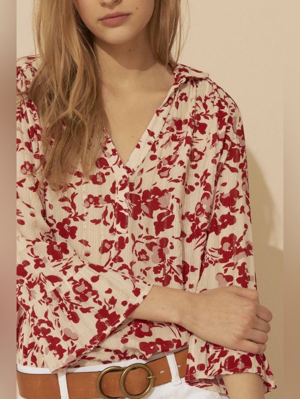 ba&sh Red Eddy V-Neck Top on Cream Base
